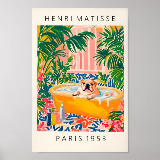 Engelse Bulldog Art Print, Bloemen Badkamer Print, Poster (Voorkant)