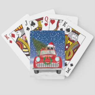 Engelse Bulldog Bestuurt Auto In Sneeuw Kerstmis Pokerkaarten