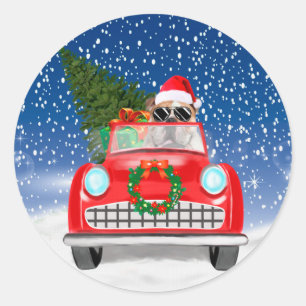 Engelse Bulldog Bestuurt Auto In Sneeuw Kerstmis Ronde Sticker
