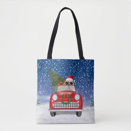 Engelse Bulldog Bestuurt Auto In Sneeuw Kerstmis Tote Bag (Voorkant)