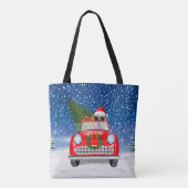Engelse Bulldog Bestuurt Auto In Sneeuw Kerstmis Tote Bag (Achterkant)