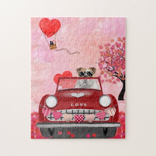 Engelse Bulldog Bestuurt Auto met Hartjes Valentij Legpuzzel (Verticaal)