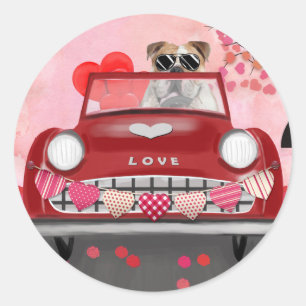 Engelse Bulldog Bestuurt Auto met Hartjes Valentij Ronde Sticker