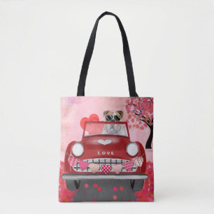 Engelse Bulldog Bestuurt Auto met Hartjes Valentij Tote Bag