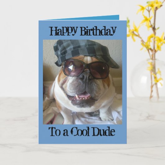 Engelse Bulldog Birthday Card, Cool Man Kaart (Gele Bloem)