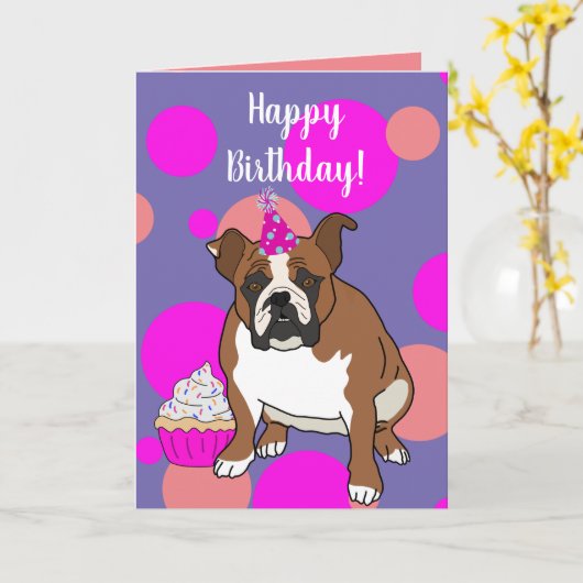 Engelse Bulldog Birthday Kaart (Gele Bloem)