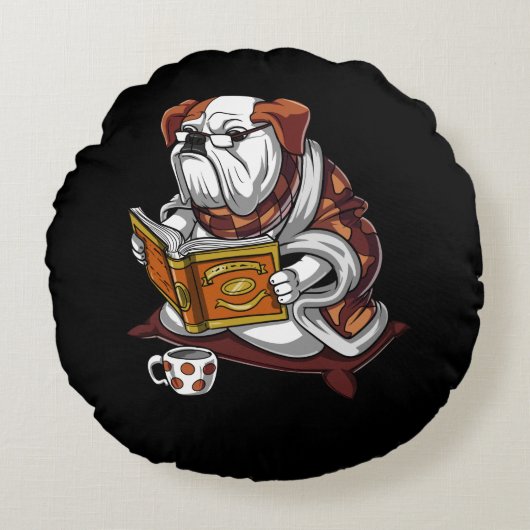Engelse Bulldog Book Reading Dog Funny Pet Rond Kussen (Voorkant)