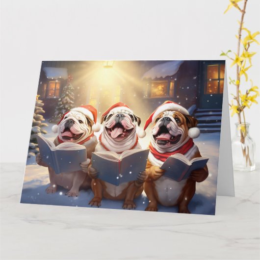 Engelse Bulldog Christmas Carolers Fun Holiday Kaart (Gele Bloem)