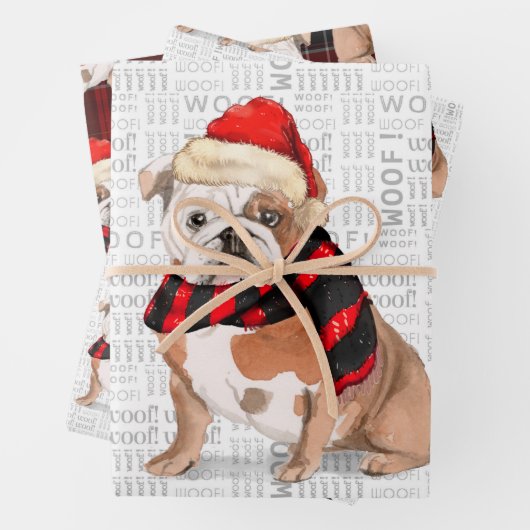 Engelse Bulldog Christmas Dog en Plaid Inpakpapier Vel (In situ)