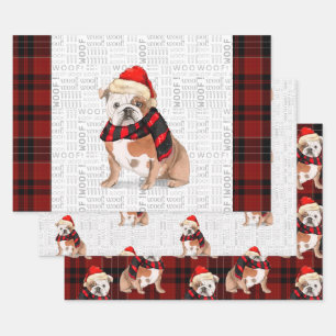 Engelse Bulldog Christmas Dog en Plaid Inpakpapier Vel