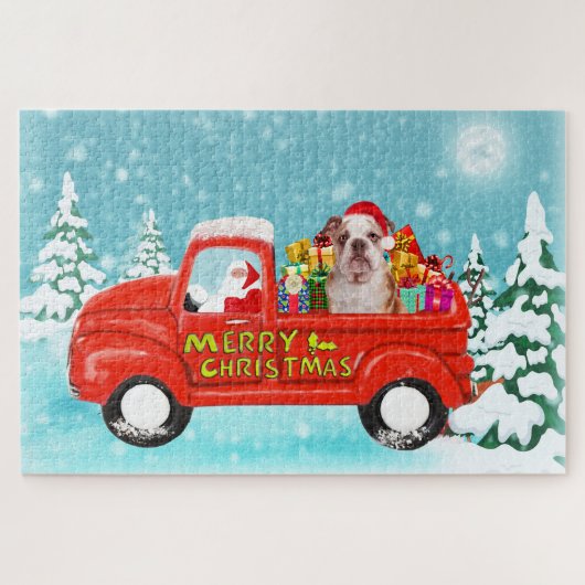 Engelse Bulldog Christmas Santa Delivery Truck Legpuzzel (Horizontaal)