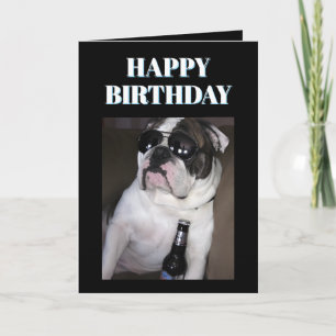 Engelse Bulldog die een zonnebril draagt met bier Kaart