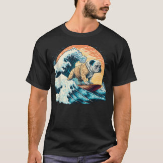 Engelse Bulldog die surft op de Grote Golf van T-shirt