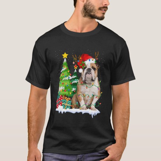 Engelse Bulldog Dog Santa Hat Reindeer Kerstmis L T-shirt (Voorkant)