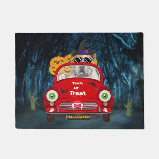 Engelse Bulldog Driving Car Scary Halloween Deurmat (Voorkant)