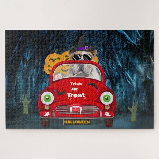 Engelse Bulldog Driving Car Scary Halloween Legpuzzel (Horizontaal)