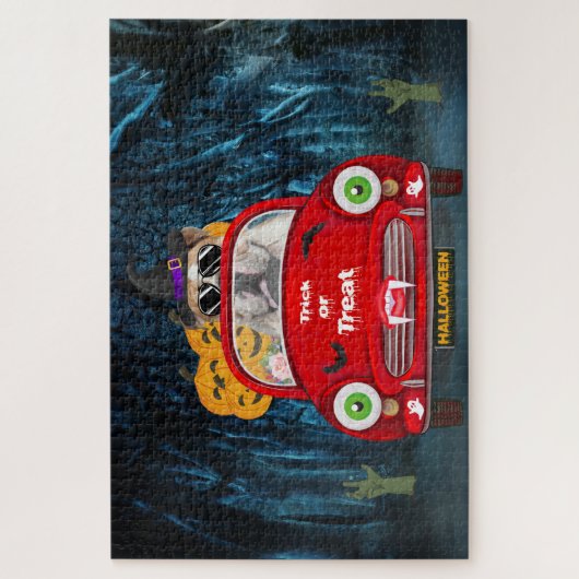 Engelse Bulldog Driving Car Scary Halloween Legpuzzel (Verticaal)