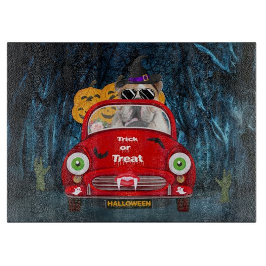Engelse Bulldog Driving Car Scary Halloween Snijplank (Voorkant)