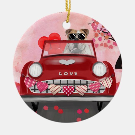 Engelse Bulldog Driving Car with Hearts Valentijn Keramisch Ornament (Voorkant)
