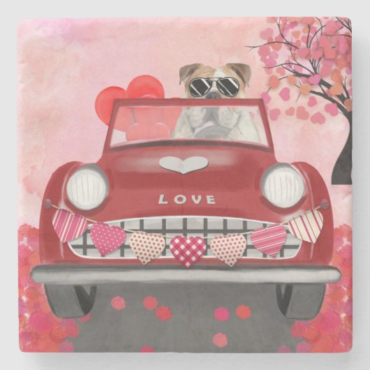 Engelse Bulldog Driving Car with Hearts Valentijn" Stenen Onderzetter (Voorkant)