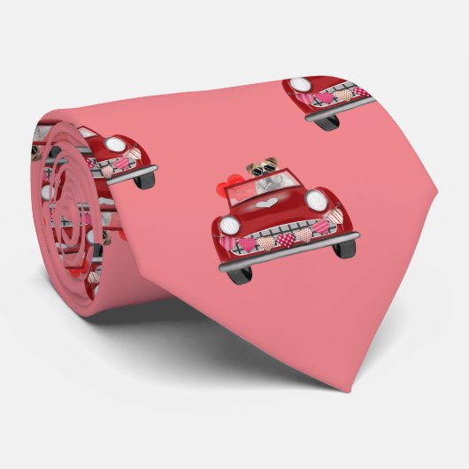 Engelse Bulldog Driving Valentijnsdag Hearts Stropdas (Opgerold)