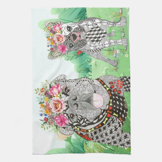 Engelse Bulldog en Franse Bulldog keukenhanddoek (Verticaal)