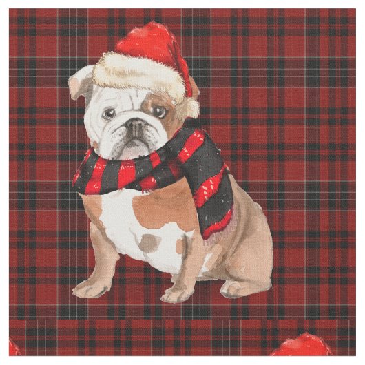 Engelse Bulldog en Red Plaid Kerstmis Stof (Close Up)