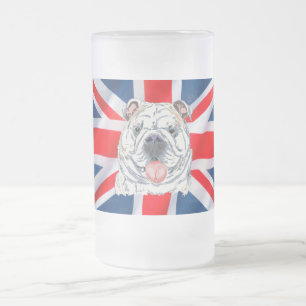 Engelse Bulldog en Union Jack op bevroren stein Matglas Bierpul