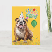 Engelse Bulldog Feesthoed Geel Verjaardag Kaart (Voorkant)
