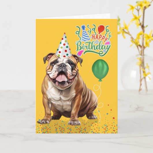 Engelse Bulldog Feesthoed Geel Verjaardag Kaart (Gele Bloem)
