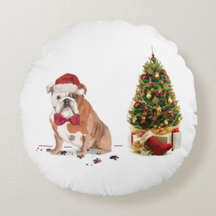 Engelse Bulldog Funny kersthond met boom Rond Kussen