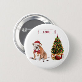 Engelse Bulldog Funny kersthond met boom Ronde Button 5,7 Cm