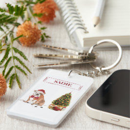 Engelse Bulldog Funny kersthond met boom Sleutelhanger