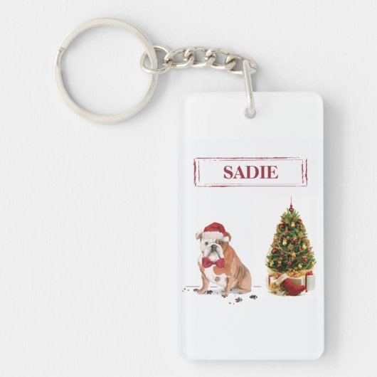 Engelse Bulldog Funny kersthond met boom Sleutelhanger (Voorkant)