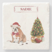 Engelse Bulldog Funny kersthond met boom Stenen Onderzetter (Voorkant)