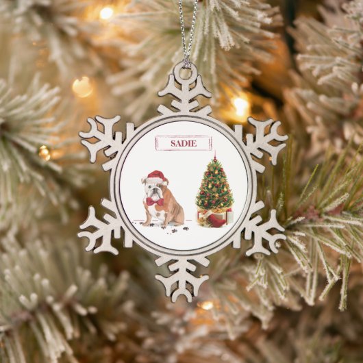 Engelse Bulldog Funny kersthond met boom Tin Sneeuwvlok Ornament (Boom)