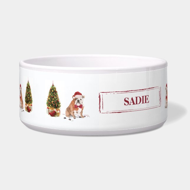 Engelse Bulldog Funny kersthond met boom Voerbakje (Links)