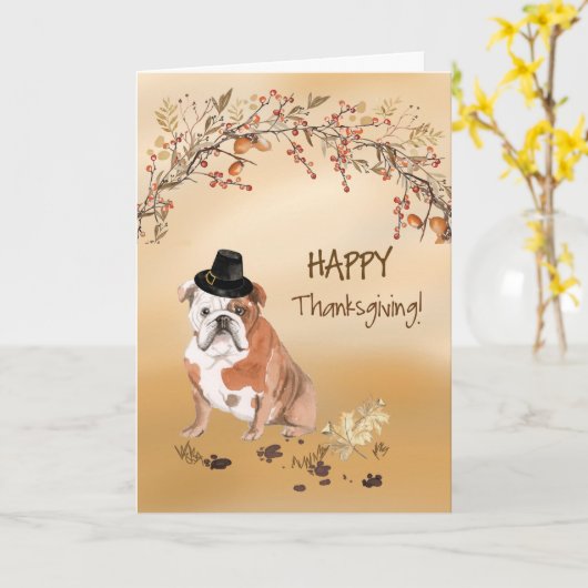 Engelse Bulldog Funny Pilgrim Pet Thanksgiving Kaart (Gele Bloem)