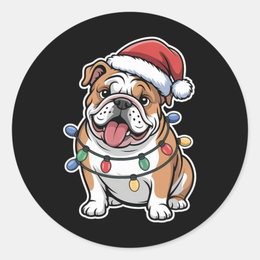 Engelse Bulldog gewikkeld in kerstverlichting Ronde Sticker (Voorkant)