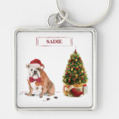 Engelse Bulldog Grappige Kersthond met Boom Sleutelhanger (Voorkant)