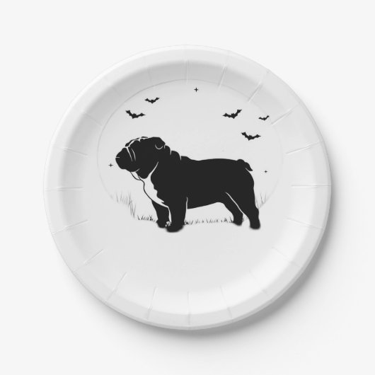 Engelse Bulldog - Halloween Moon Silhouette Ov Papieren Bordje (Voorkant)