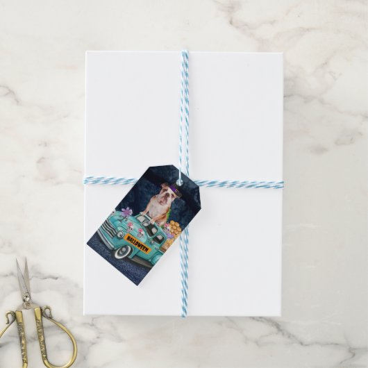 Engelse Bulldog Halloween Truck Scary Night Cadeaulabel (Met Touw)