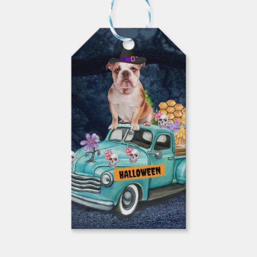 Engelse Bulldog Halloween Truck Scary Night Cadeaulabel (Voorkant)
