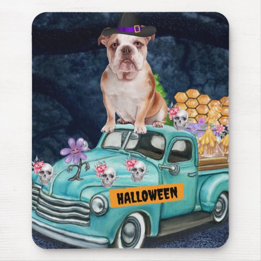 Engelse Bulldog Halloween Truck Scary Night Muismat (Voorkant)