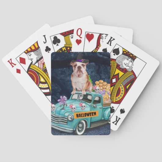 Engelse Bulldog Halloween Truck Scary Night Pokerkaarten (Achterkant)