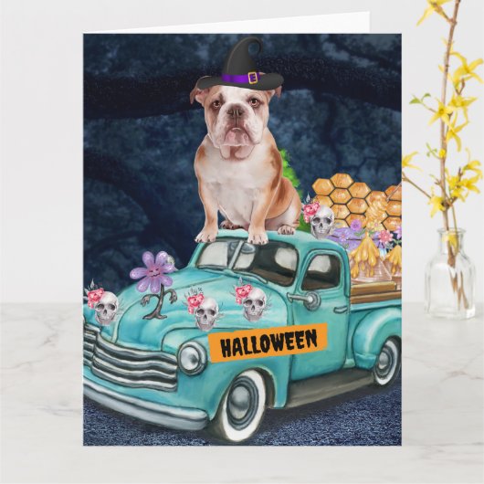 Engelse Bulldog Halloween Truck Schrik Nacht  Kaart (Gele Bloem)