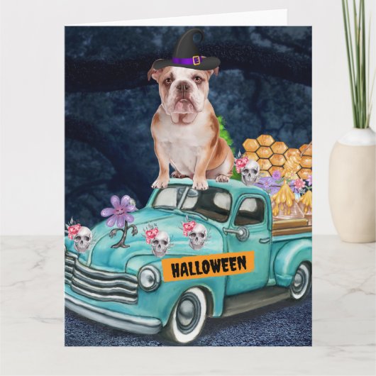 Engelse Bulldog Halloween Truck Schrik Nacht  Kaart (Voorkant)