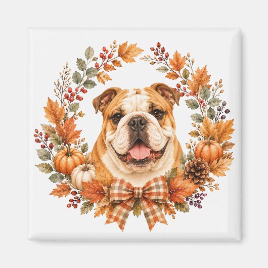 Engelse Bulldog Herfstkrans Magneet (Voorkant)