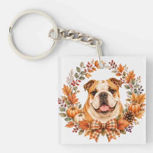 Engelse Bulldog Herfstkrans Sleutelhanger (Voorkant)