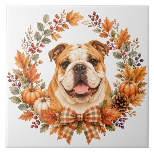 Engelse Bulldog Herfstkrans Tegeltje (Voorkant)